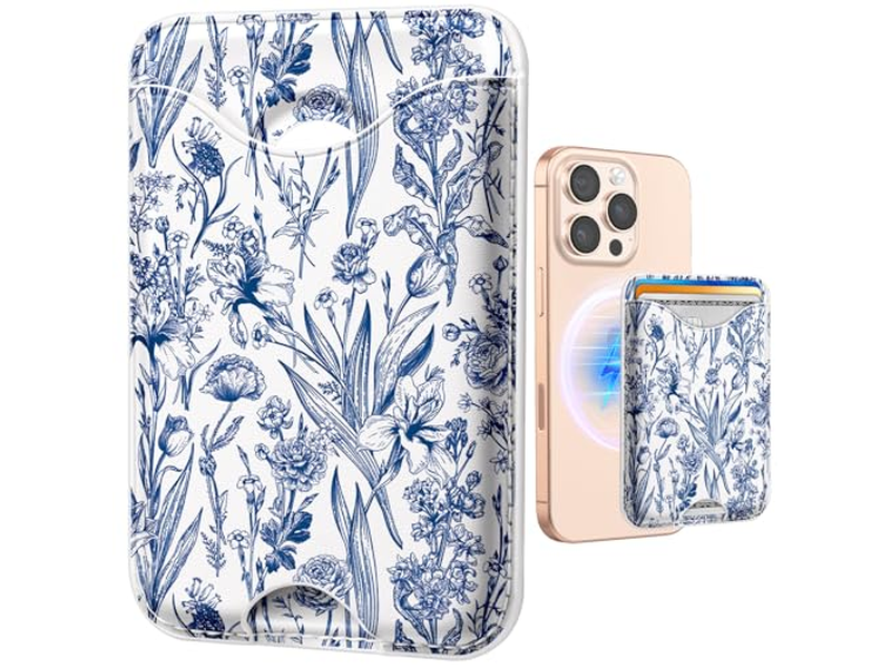 Portafoglio porta carte magnetico per iPhone - motivo floreale blu, adatto per 3 C